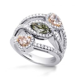 Платиновое кольцо с зеленой зеленым и розовыми бриллиантами
